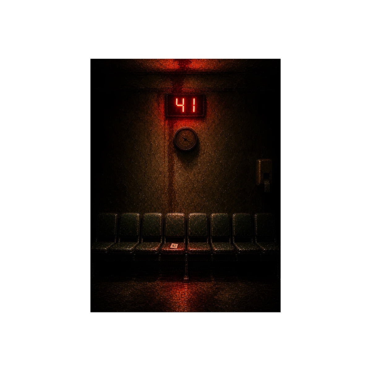 An empty row of waiting room seats beneath a red display reading 41. The Call That Does Not Come by Garabaggio, fine art print, 12″ x 16″.