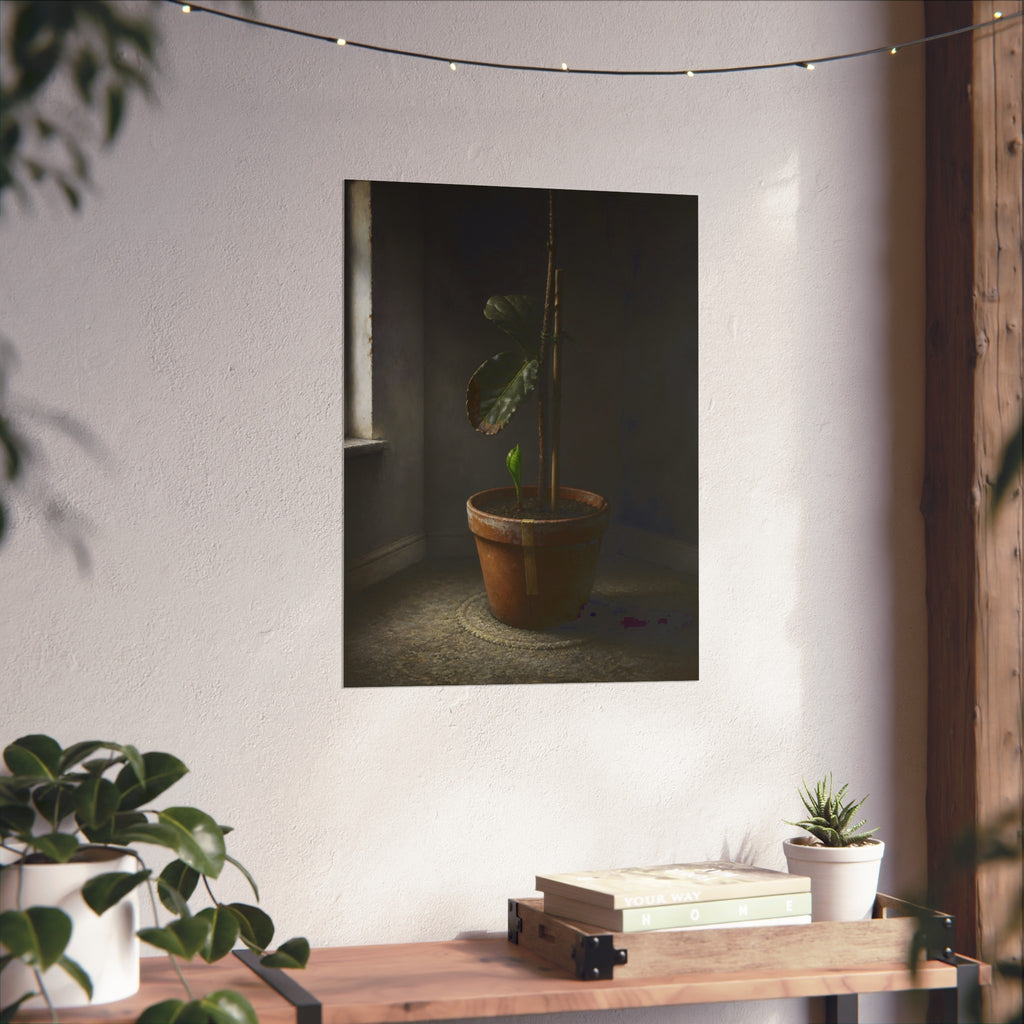 A potted plant down to two curled leaves and one new sprout by a window. The Corner by the Window Again by Garabaggio, fine art print hanging in a room.
