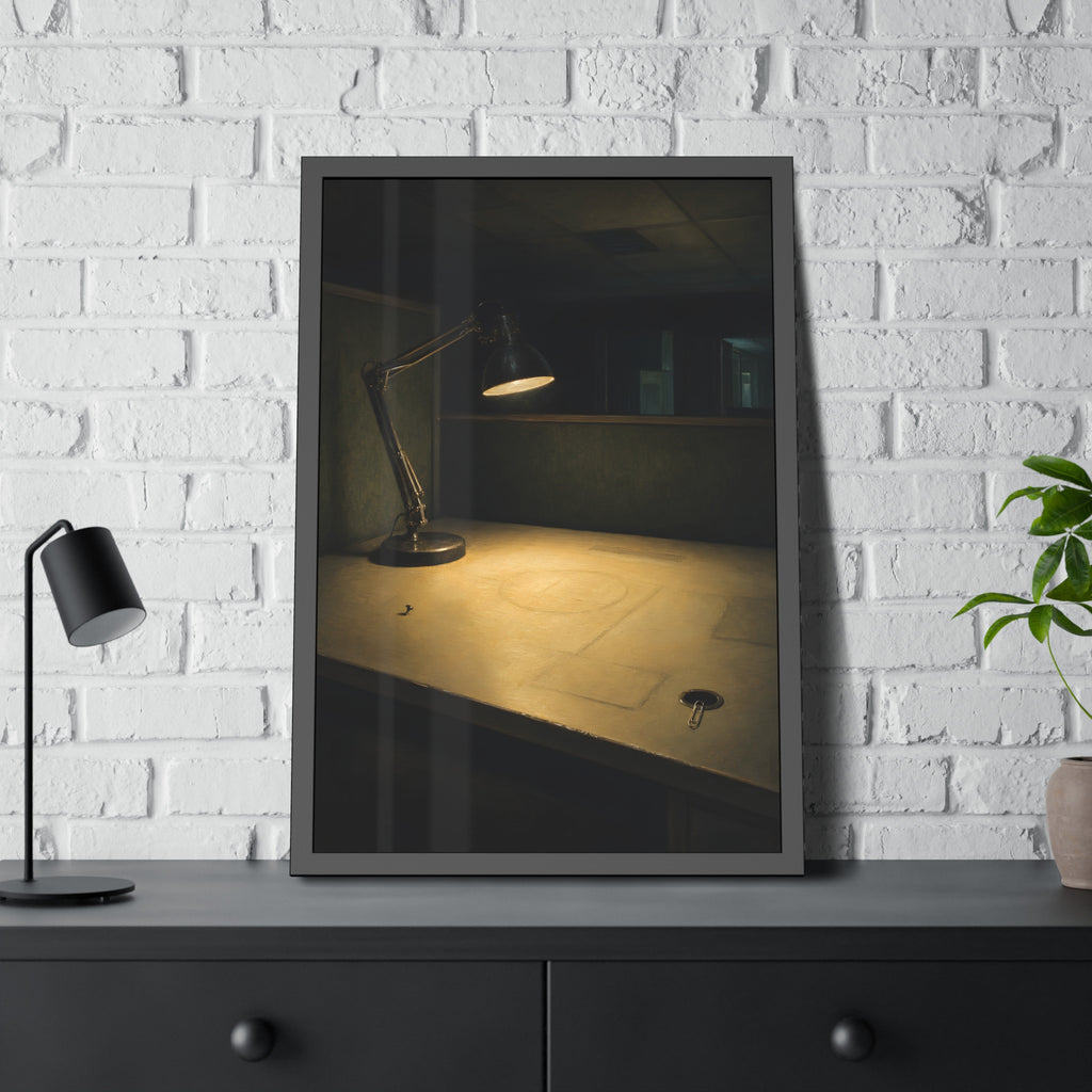 A lit desk lamp on an emptied office desk at night. The Desk Lamp Still Warm by Garabaggio, framed fine art print hanging in a room.