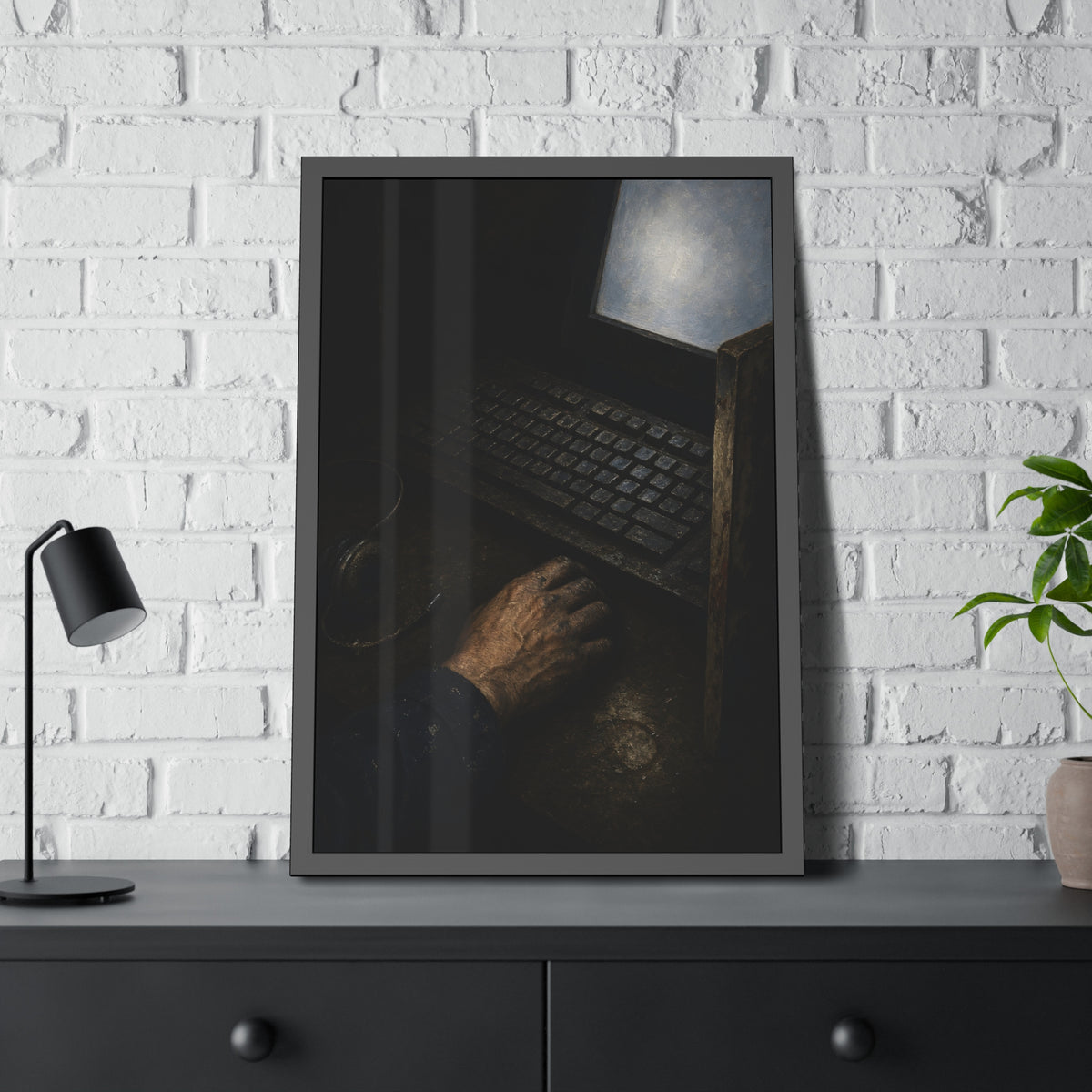 A hand on a mouse beside a grimy keyboard and a pale glowing screen. Login Before Dawn by Garabaggio, framed fine art print hanging in a room.
