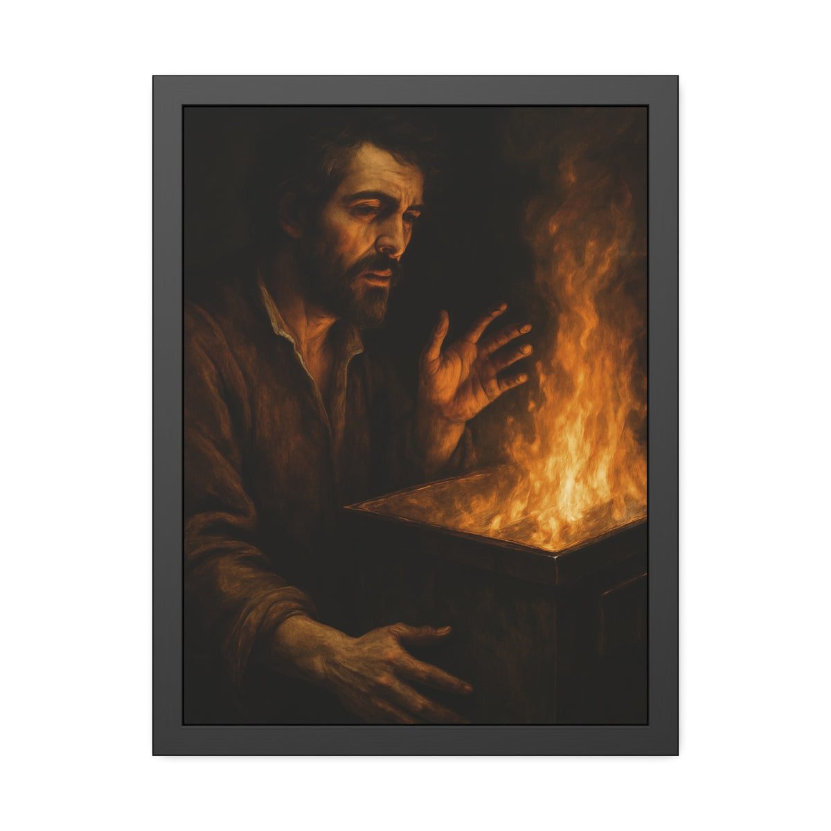 Man holding both hands toward the flames of a burning dumpster. Self-Portrait Warming the Hands by Garabaggio, framed fine art print hanging in a room.