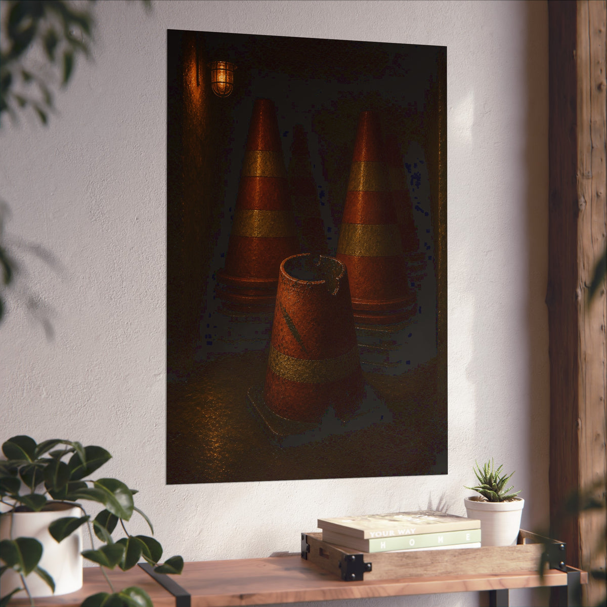 Stacked traffic cones behind a crushed one under a caged wall lamp. The Multiplication of Cones by Garabaggio, fine art print hanging in a room.