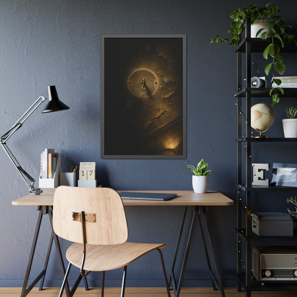 A small empty hook on a cracked ceiling, lit from one side. The Hook Without a Burden by Garabaggio, framed fine art print hanging in a room.