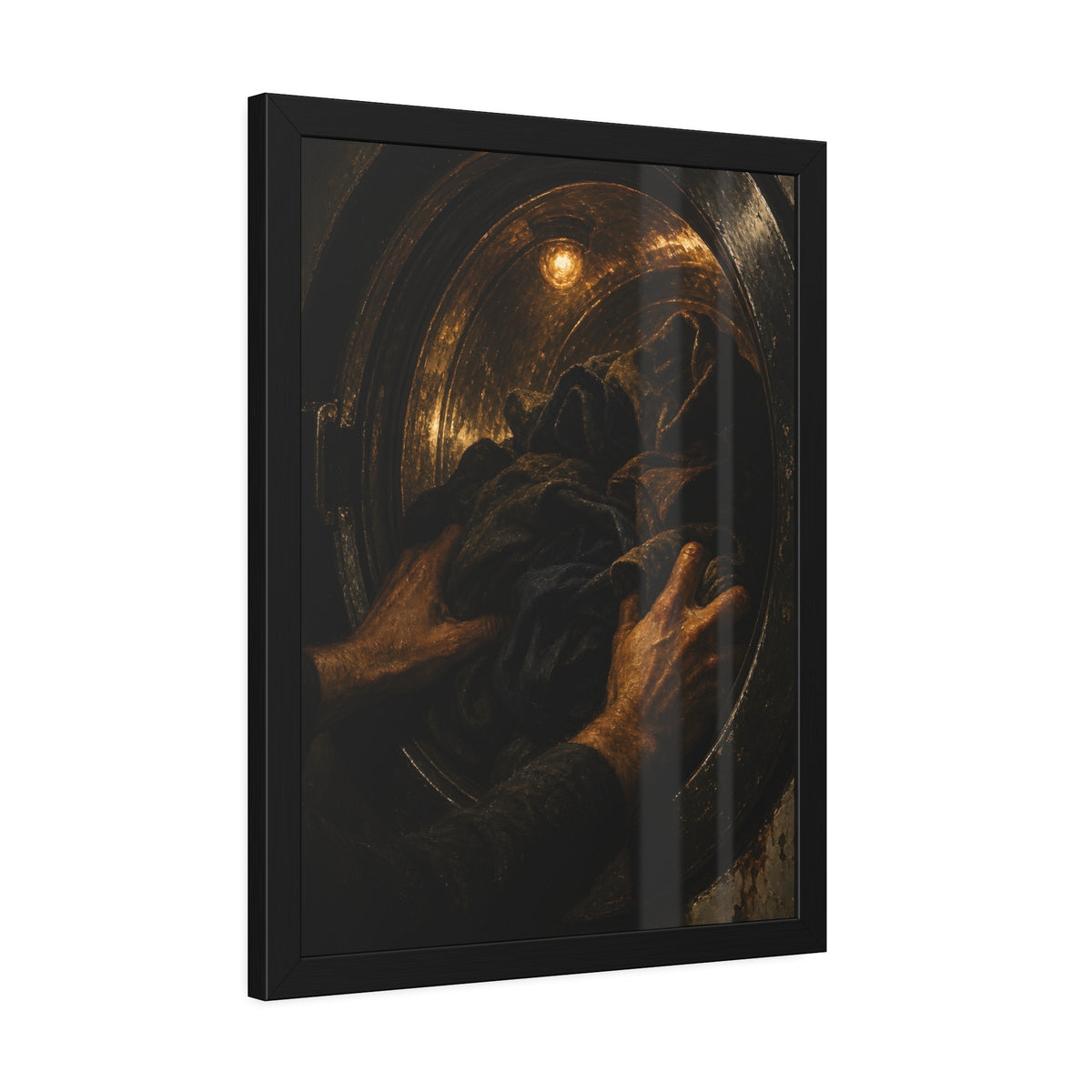 Two hands pushing dark laundry into a washer drum lit by a small bulb. The Loading of the Drum by Garabaggio, framed fine art print hanging in a room.
