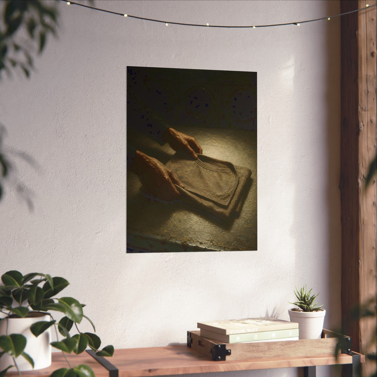 Two hands folding a shirt on a laundromat table with washers behind. The Folding at Two A.M by Garabaggio, fine art print hanging in a room.