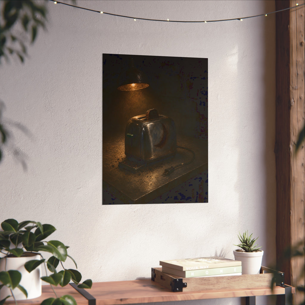 A scorched toaster under a work lamp, burnt toast standing in its slot. The Table of Examination by Garabaggio, fine art print hanging in a room.