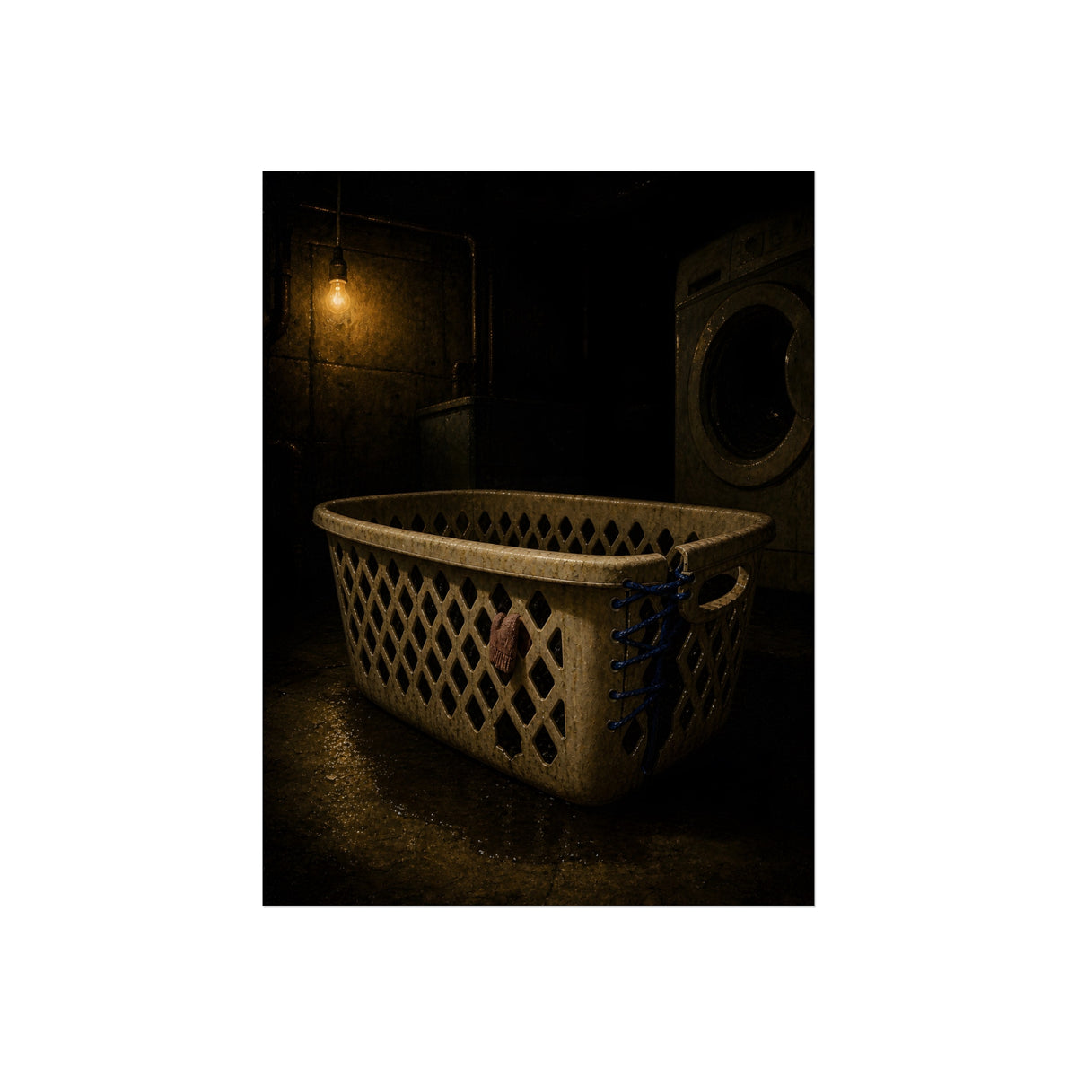 A laundry basket laced shut with blue cord under a bare bulb. The Binding with Blue Cord by Garabaggio, fine art print, 12″ x 16″.