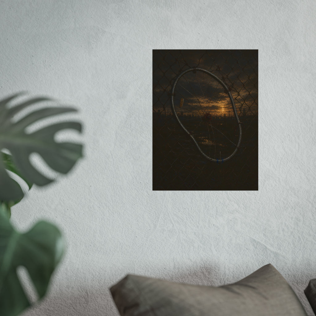 A bent bicycle wheel woven into a chain link fence against a dim sunset. The Fence Repair by Garabaggio, fine art print hanging in a room.