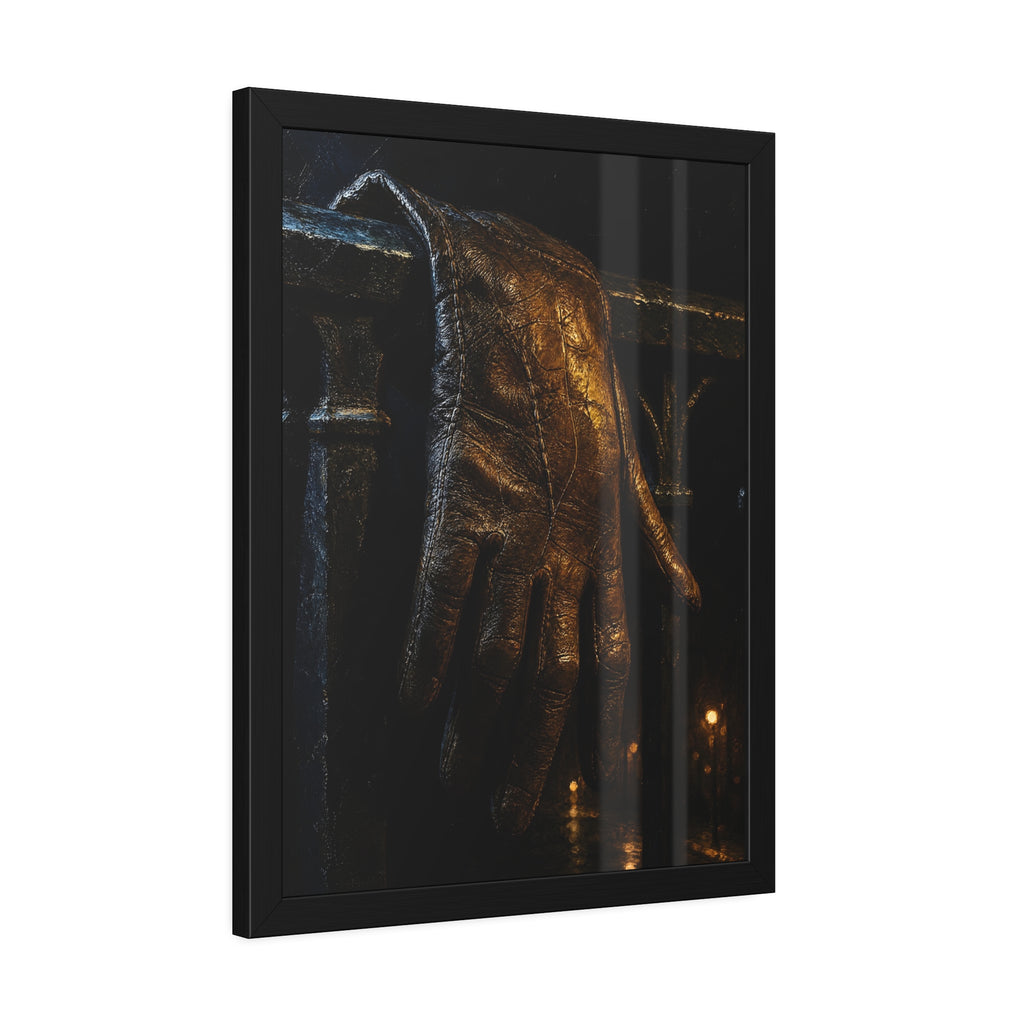 A leather glove draped over an iron railing, fingers hanging. The Repose of the Leather Glove, No. 1 by Garabaggio, framed fine art print hanging in a room.