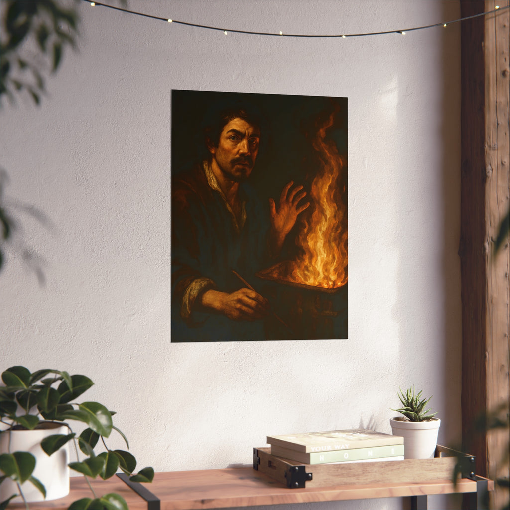 Man holding a paintbrush, his other hand raised beside tall flames. Self-Portrait with Brush and Flame by Garabaggio, fine art print hanging in a room.