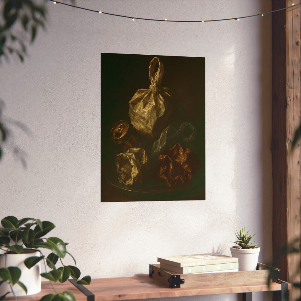 Knotted plastic bag on a plate with crumpled wrappers and a crushed can. Communion of the Knotted Bag by Garabaggio, fine art print hanging in a room.