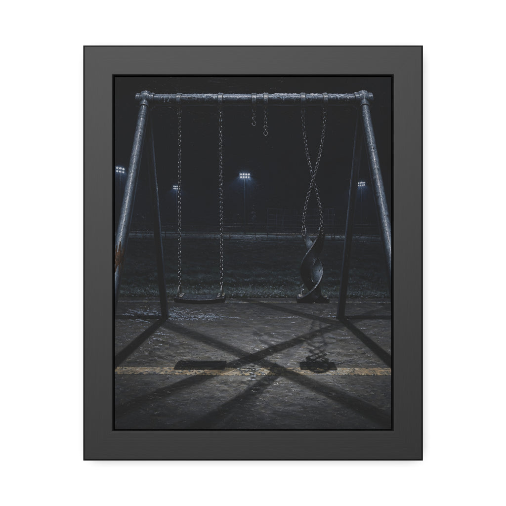 An empty swing set at night with one seat twisted up on its chains. The First Hour: The Twisted Seat by Garabaggio, framed fine art print, 11″ x 14″.