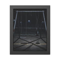 An empty swing set at night with one seat twisted up on its chains. The First Hour: The Twisted Seat by Garabaggio, framed fine art print, 11″ x 14″.