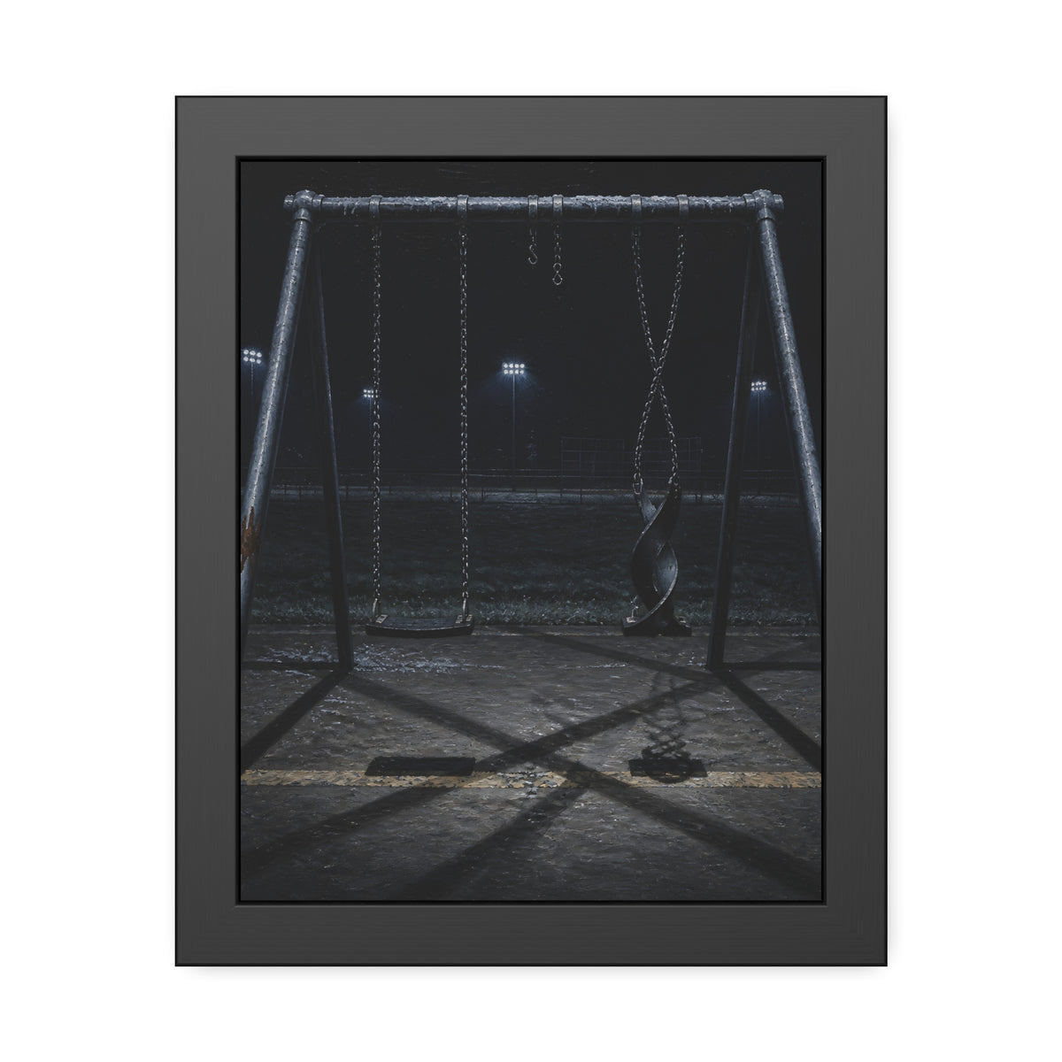 An empty swing set at night with one seat twisted up on its chains. The First Hour: The Twisted Seat by Garabaggio, framed fine art print, 11″ x 14″.