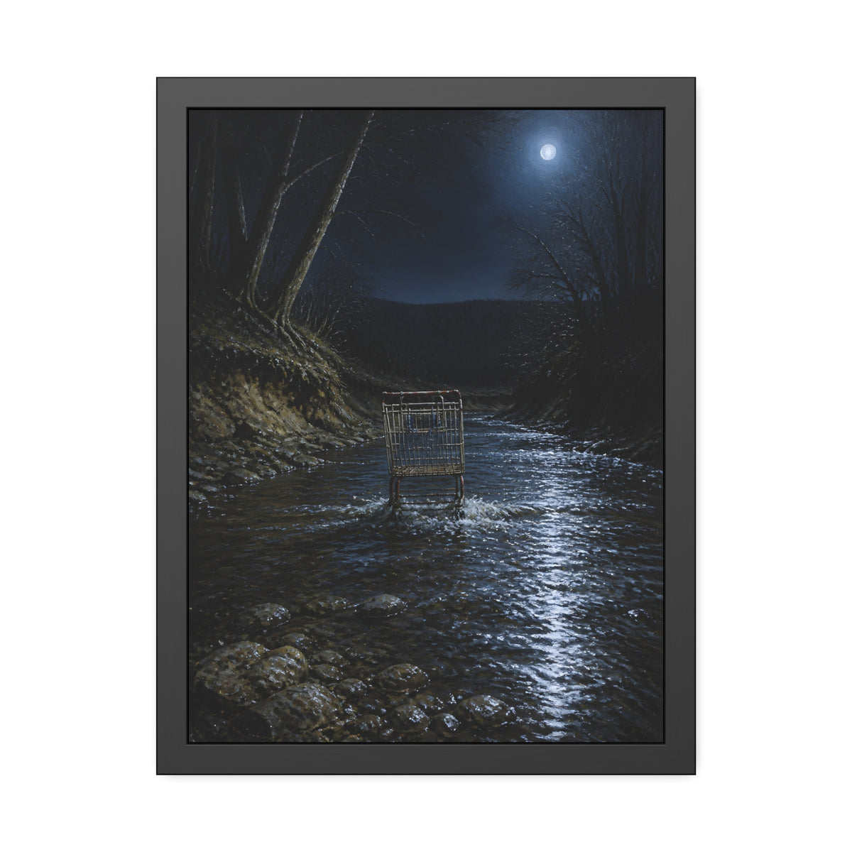 A shopping cart standing in a moonlit creek between dark trees. The Fording of the Creek by Garabaggio, framed fine art print, 18″ x 24″.