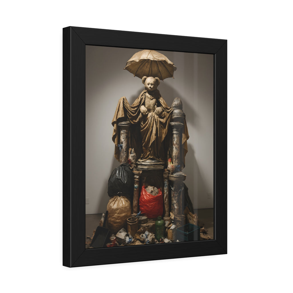 A teddy bear figure under an umbrella atop a pile of trash bags. Madonna of the Lost and Found by Garabaggio, framed fine art print hanging in a room.