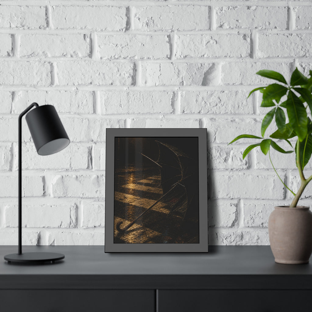 A blown out umbrella lying on wet checkered pavement under a street lamp. The Taking by the Wind by Garabaggio, framed fine art print hanging in a room.