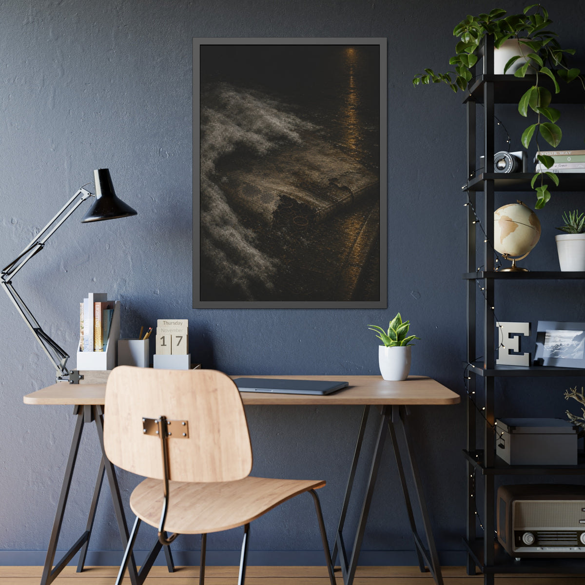 A soaked mattress in melting snow at the curb beside a wet street. The Thaw by Garabaggio, framed fine art print hanging in a room.