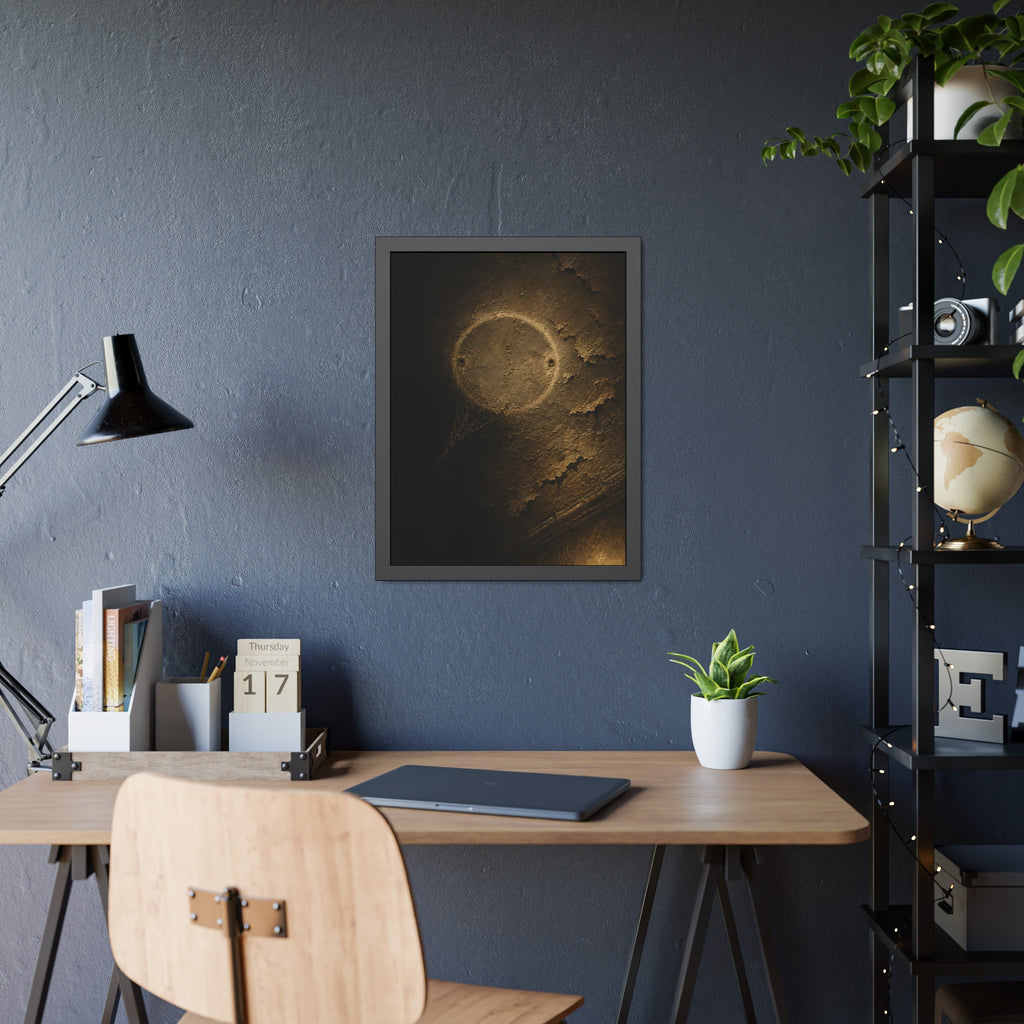 A pale ring and two screw holes on a peeling ceiling where a detector was. The Circle on the Ceiling by Garabaggio, framed fine art print hanging in a room.