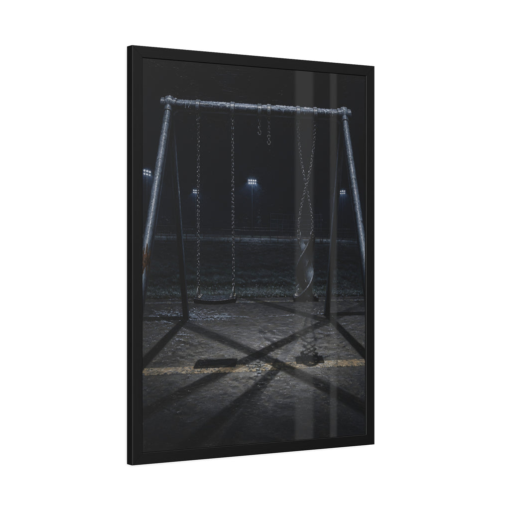 An empty swing set at night with one seat twisted up on its chains. The First Hour: The Twisted Seat by Garabaggio, framed fine art print hanging in a room.