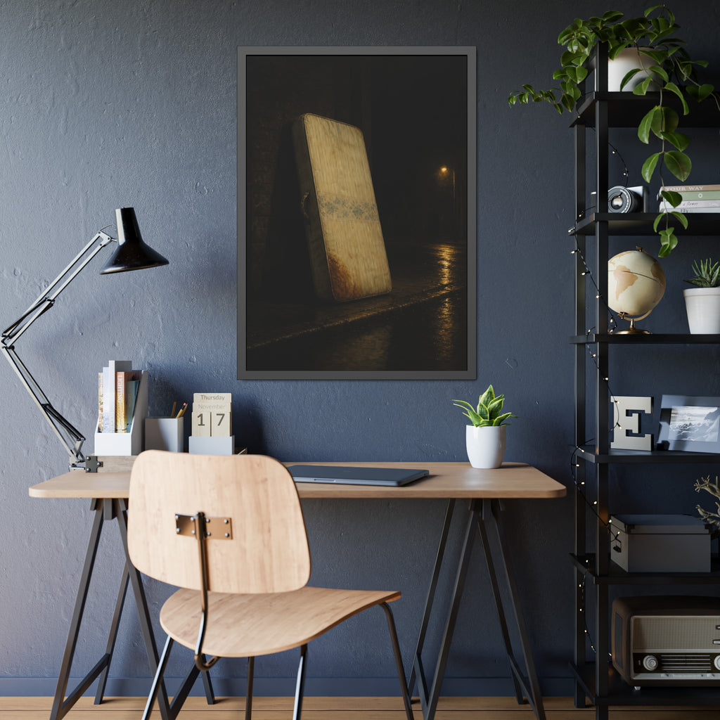 A stained mattress propped on a brick wall along a wet night street. The Presentation Against the Brick by Garabaggio, framed fine art print hanging in a room.