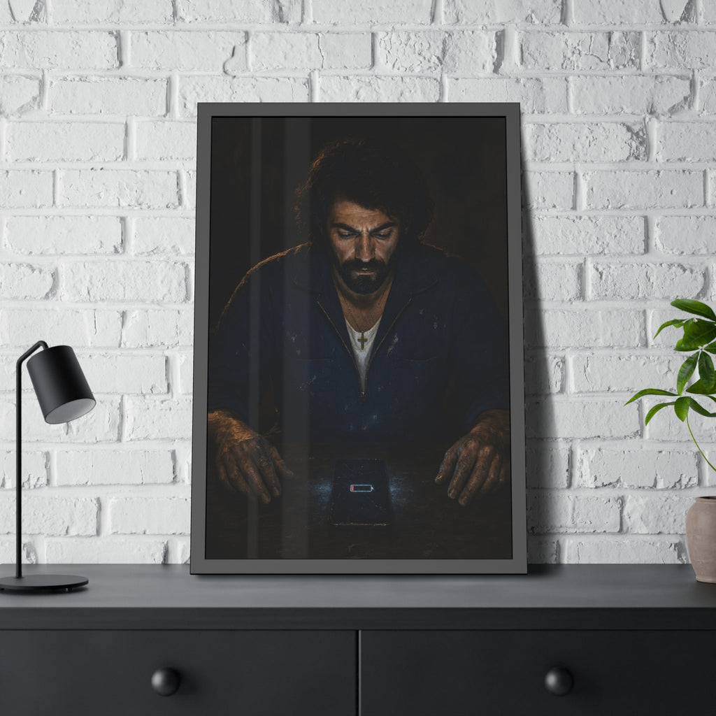 A man in a work jacket looks down at a phone showing a red low battery icon. The Calling at One Percent by Garabaggio, framed fine art print hanging in a room.