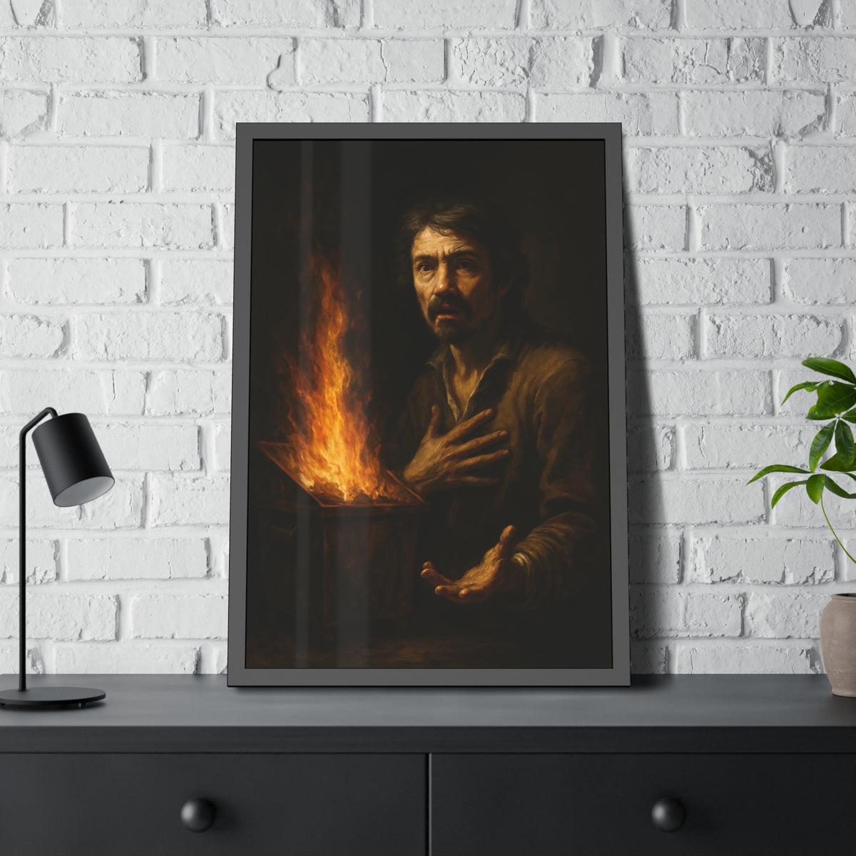 Man reaching an open palm toward a dumpster fire at his left. Self-Portrait as the Doubting Thomas by Garabaggio, framed fine art print hanging in a room.