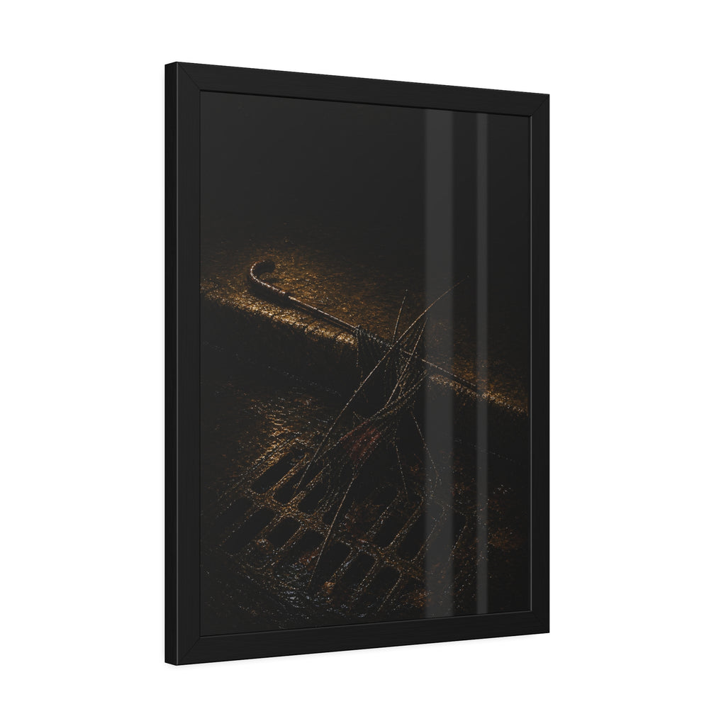 A broken umbrella collapsed across a storm drain grate at the curb. The Burial at the Storm Drain by Garabaggio, framed fine art print hanging in a room.
