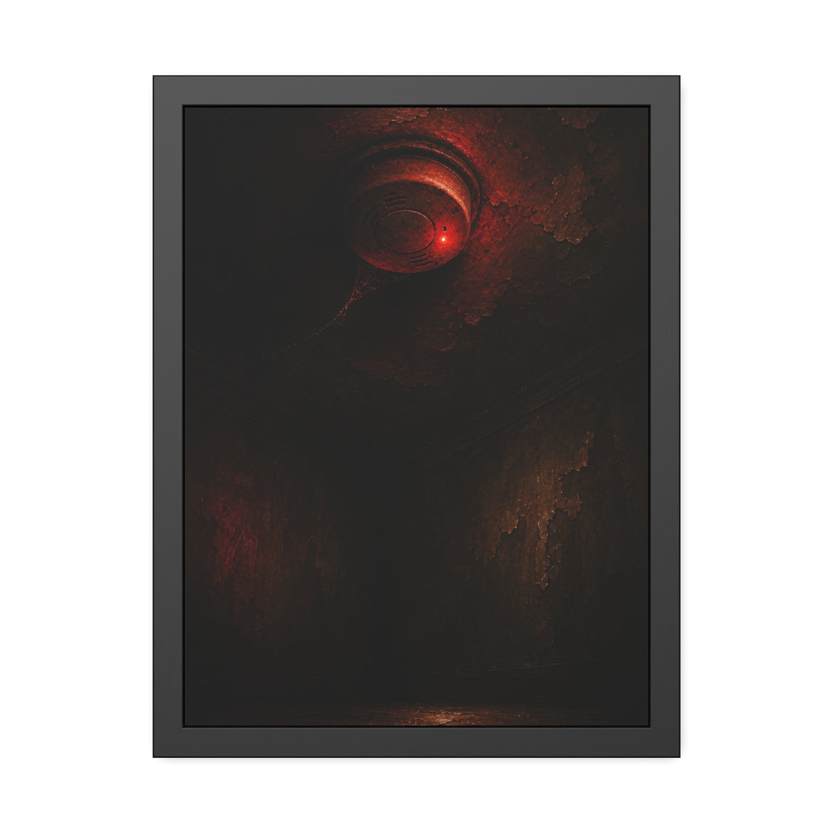 A ceiling smoke detector glowing red in an empty peeling room. The Alarm in an Empty Room by Garabaggio, framed fine art print, 18″ x 24″.