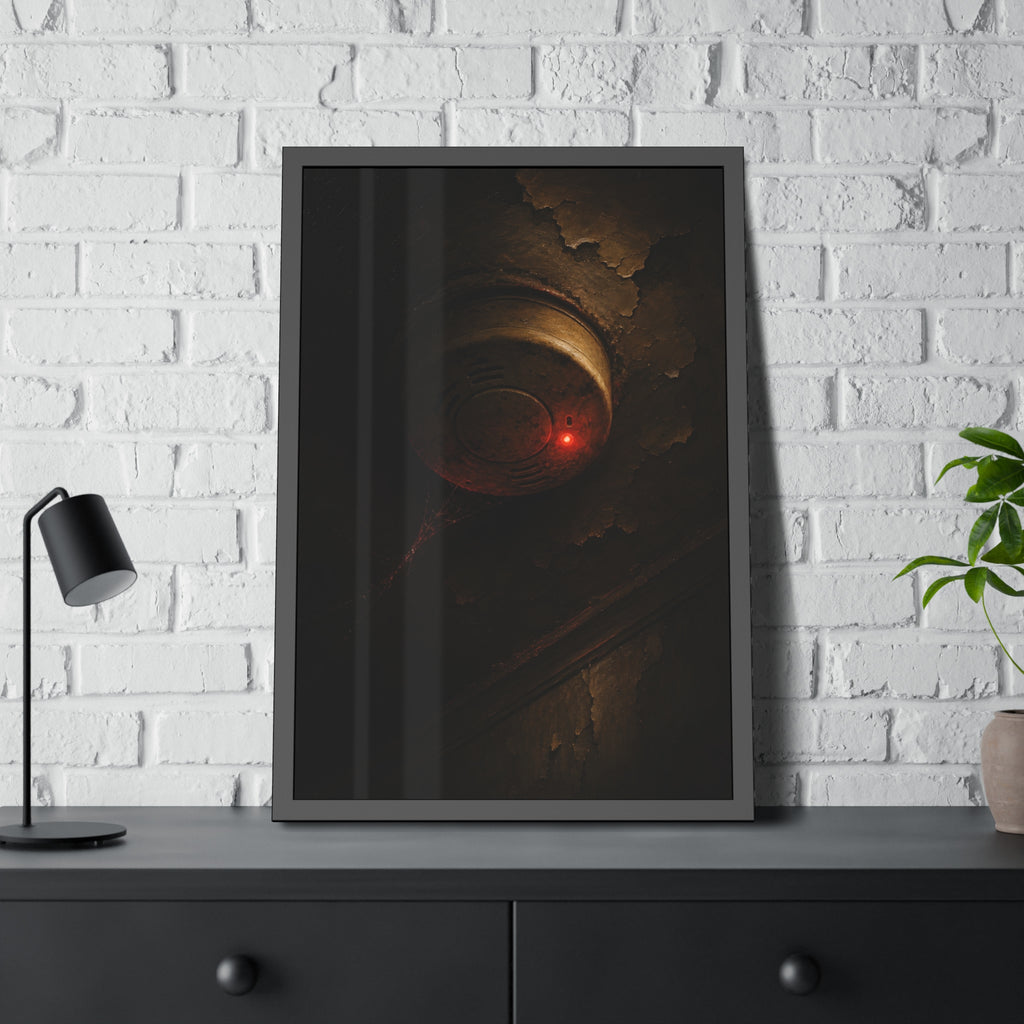 A smoke detector with a red light on a peeling ceiling, cobwebs beneath. The Chirp at Three Forty by Garabaggio, framed fine art print hanging in a room.