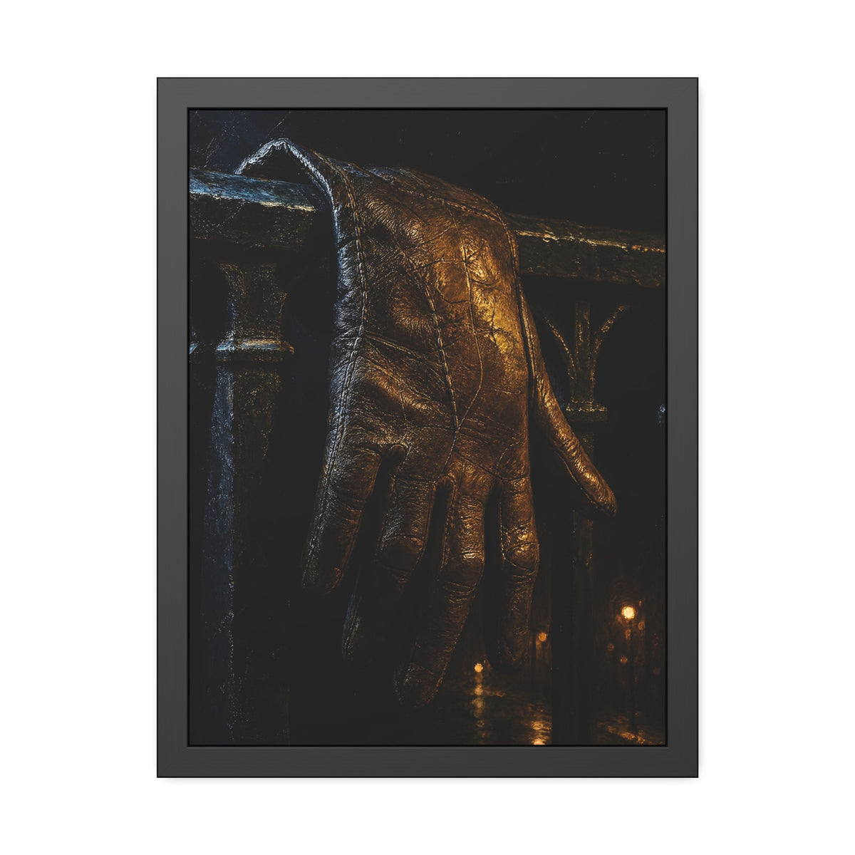 A leather glove draped over an iron railing, fingers hanging. The Repose of the Leather Glove, No. 1 by Garabaggio, framed fine art print hanging in a room.
