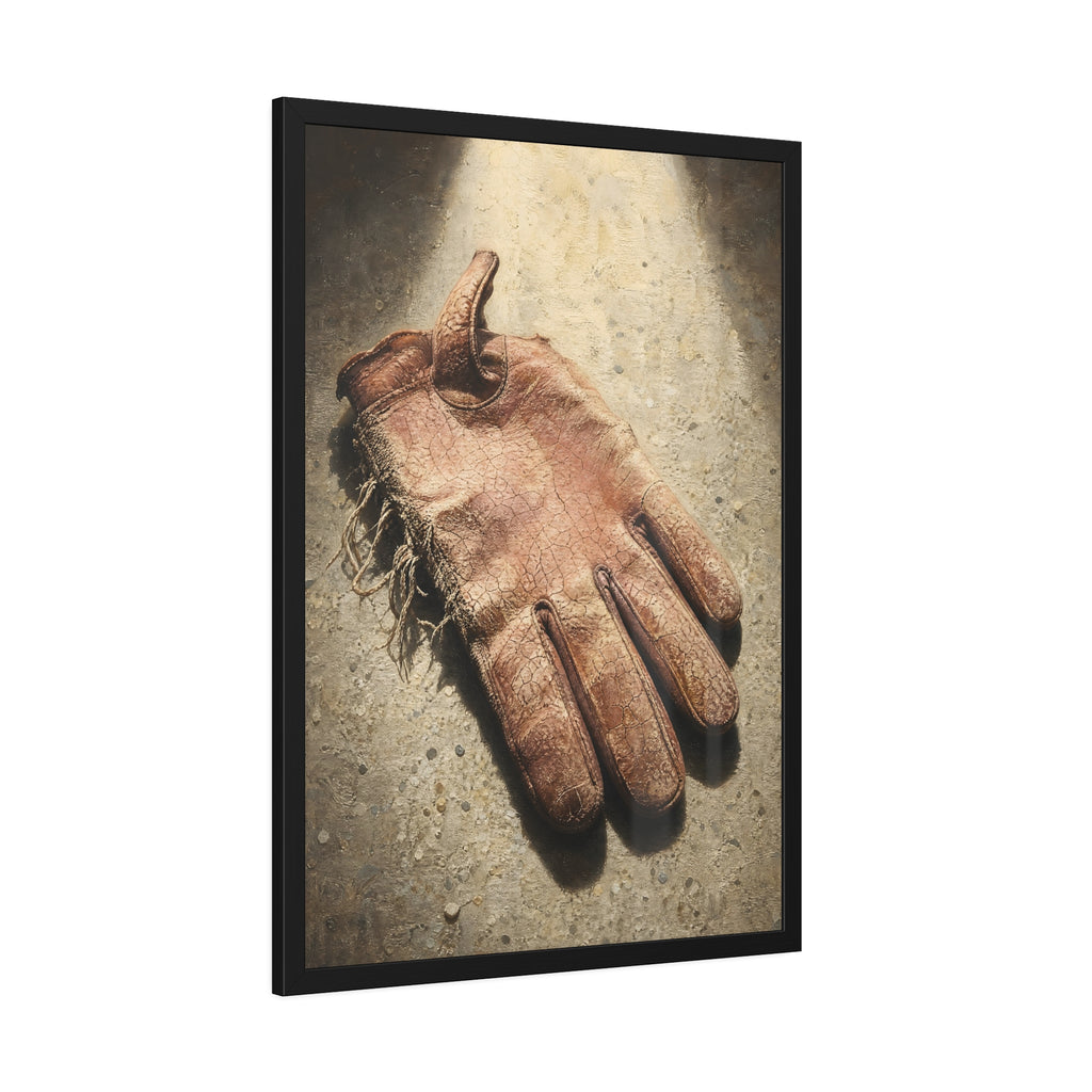A cracked leather work glove lying on bright sunlit concrete. The Bleaching, Study of a Sun-Tired Glove by Garabaggio, framed fine art print hanging in a room.