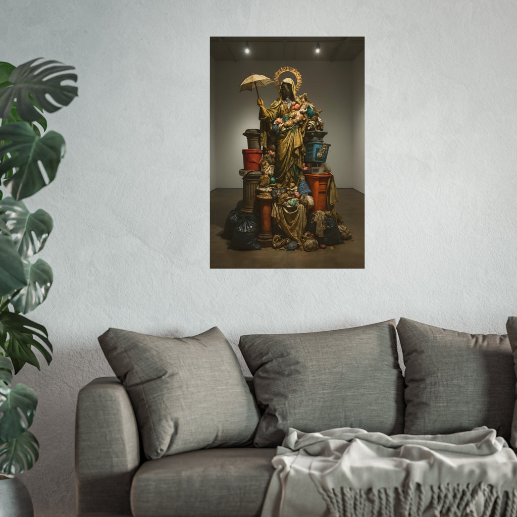 Robed figure with a halo and umbrella rising from trash bags and crates. Our Lady of Perpetual Shelter by Garabaggio, fine art print hanging in a room.