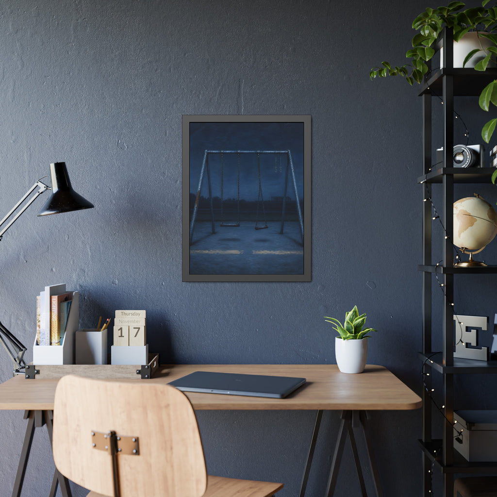 A swing set with two seats and two bare hooks in blue predawn light. The Fifth Hour: The Blue Before by Garabaggio, framed fine art print hanging in a room.