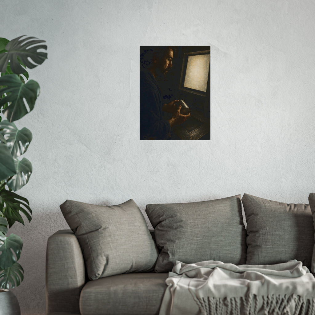 A bearded man holding a dented can before a lit checkout screen. The Item Without Recognition by Garabaggio, fine art print hanging in a room.