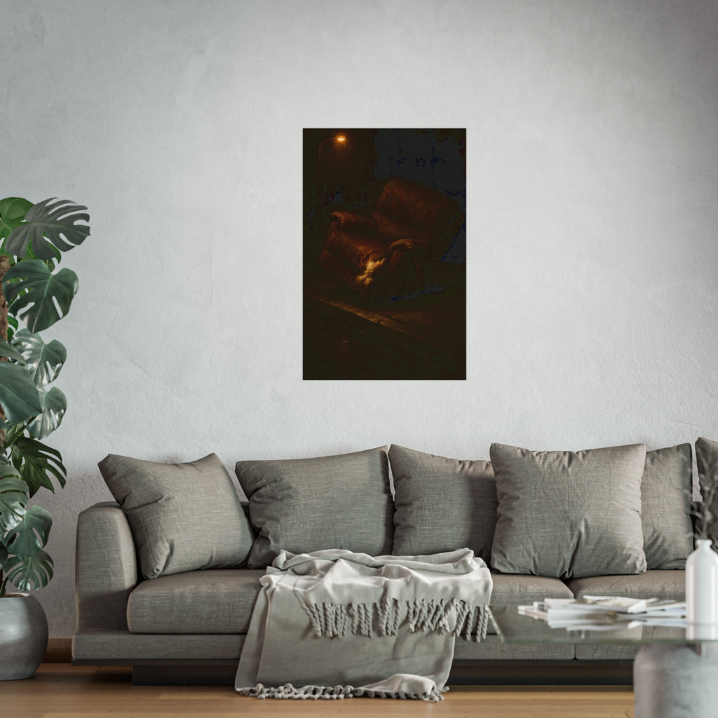 A torn brown recliner tipped on a curb in dim warm light. The Deposition of the Broken Recliner by Garabaggio, fine art print hanging in a room.