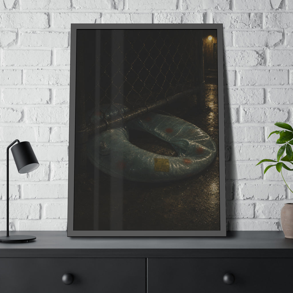 A deflated ring float pushed under a chain link fence in a wet alley. The Escape Beneath the Fence by Garabaggio, framed fine art print hanging in a room.