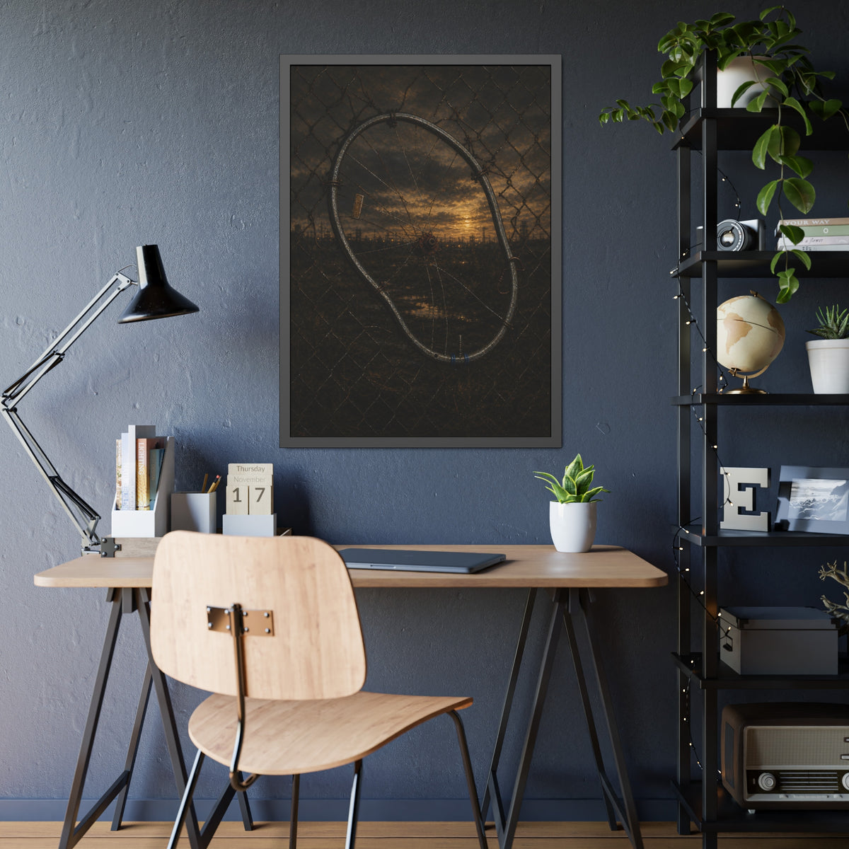 A bent bicycle wheel woven into a chain link fence against a dim sunset. The Fence Repair by Garabaggio, framed fine art print hanging in a room.