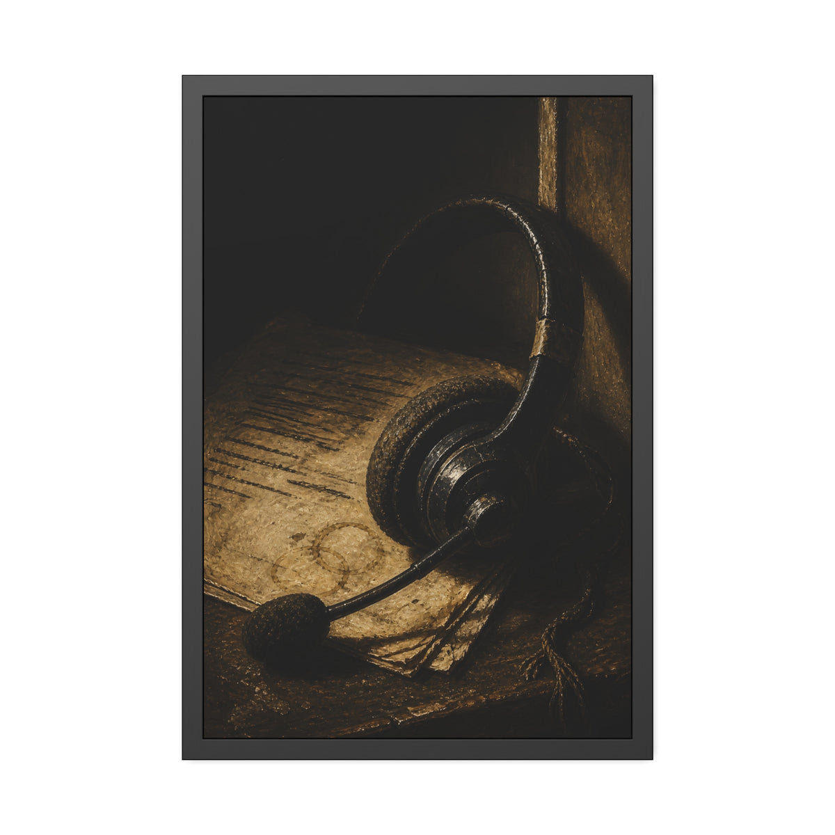 A worn headset resting on a printed script page with coffee rings. The Script Beside the Mouthpiece by Garabaggio, framed fine art print, 24″ x 36″.