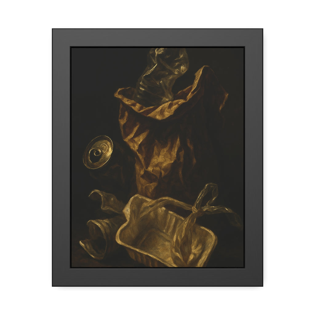 A paper bag, crushed bottle and foil tray lit against deep darkness. Reliquary of the Takeout by Garabaggio, framed fine art print, 11″ x 14″.