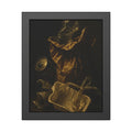 A paper bag, crushed bottle and foil tray lit against deep darkness. Reliquary of the Takeout by Garabaggio, framed fine art print, 11″ x 14″.