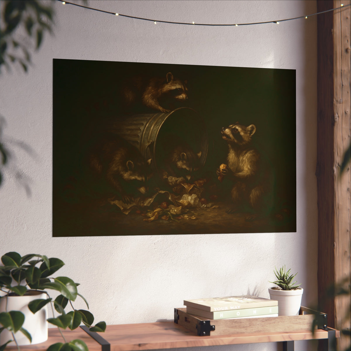 Four raccoons around a toppled metal trash can in the dark. The Last Bite by Garabaggio, fine art print hanging in a room.