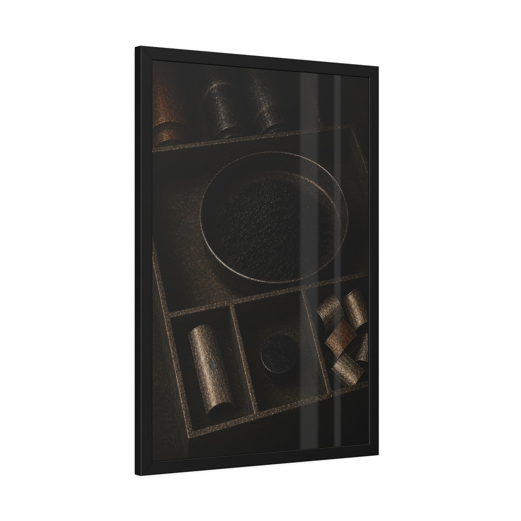 Battery casings and black powder sorted into the trays of a dim box. The Black Recovery by Garabaggio, framed fine art print hanging in a room.
