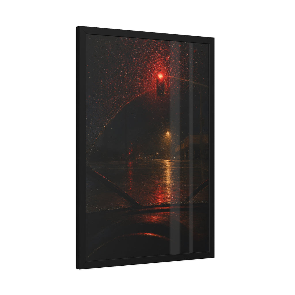 A red traffic light seen through a rain beaded windshield at night. The Windshield at the Red Light by Garabaggio, framed fine art print hanging in a room.