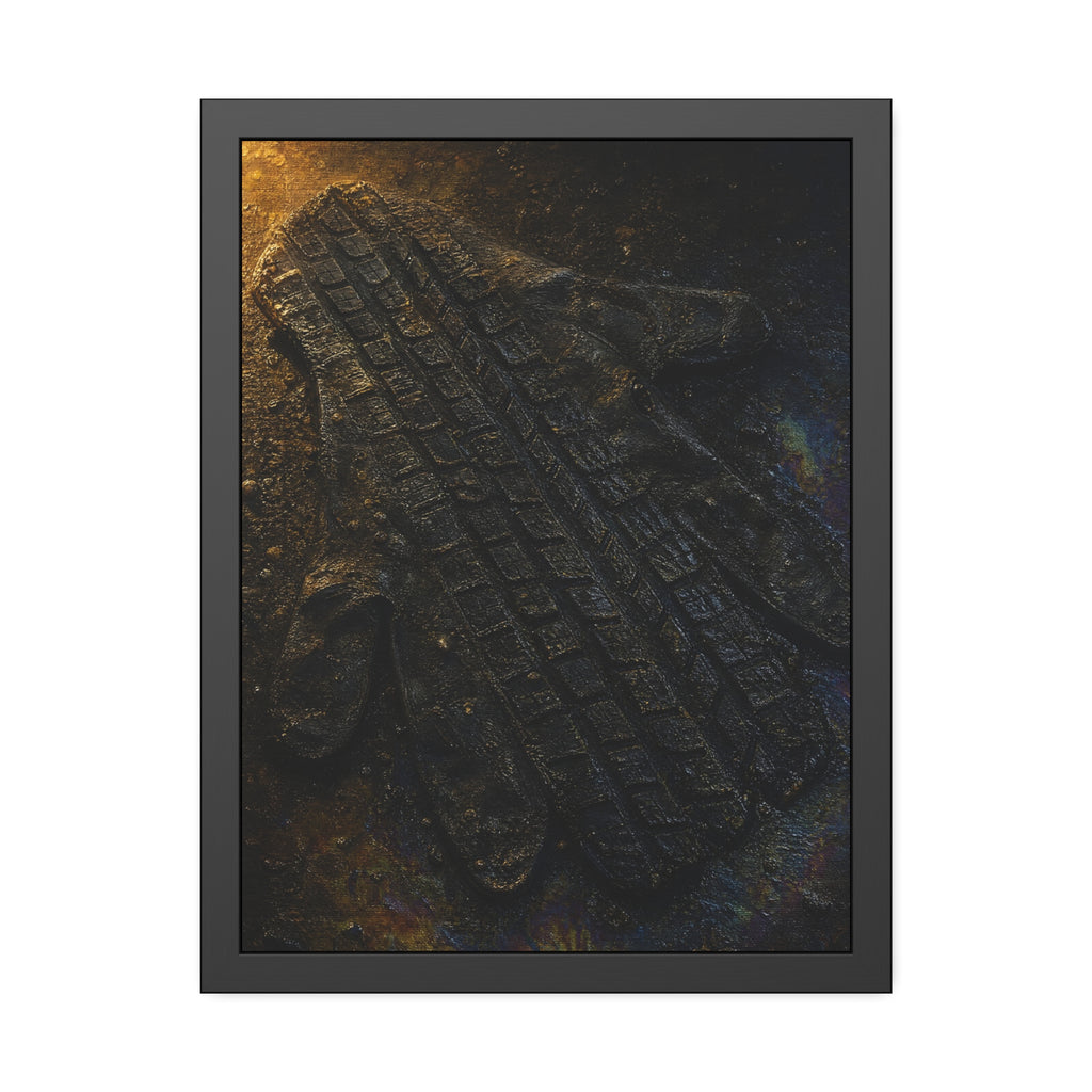 A flattened work glove on asphalt with a tire tread pressed across it. The Passage of the Wheel by Garabaggio, framed fine art print hanging in a room.