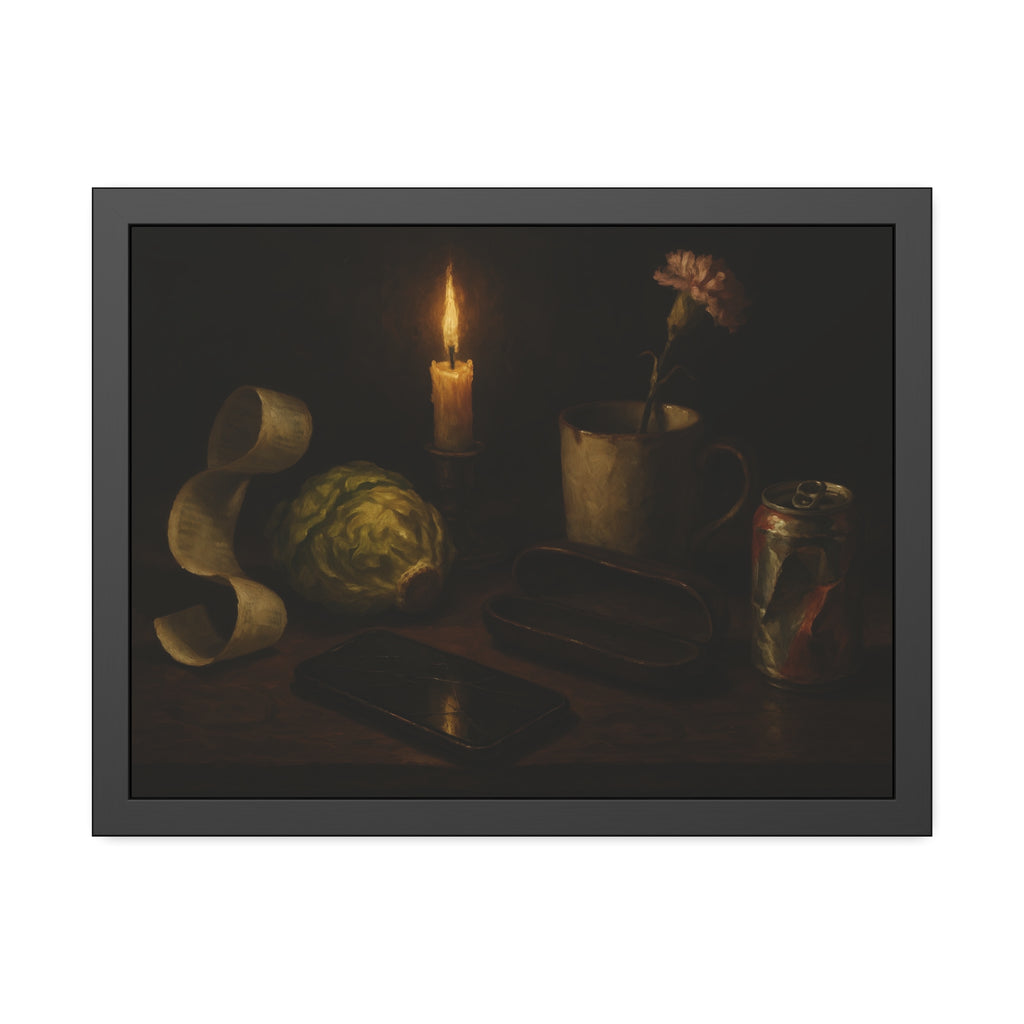 A candle, lettuce head, curled receipt and can on a dim table. Vanitas with Receipts and Wilted Lettuce by Garabaggio, framed fine art print hanging in a room.