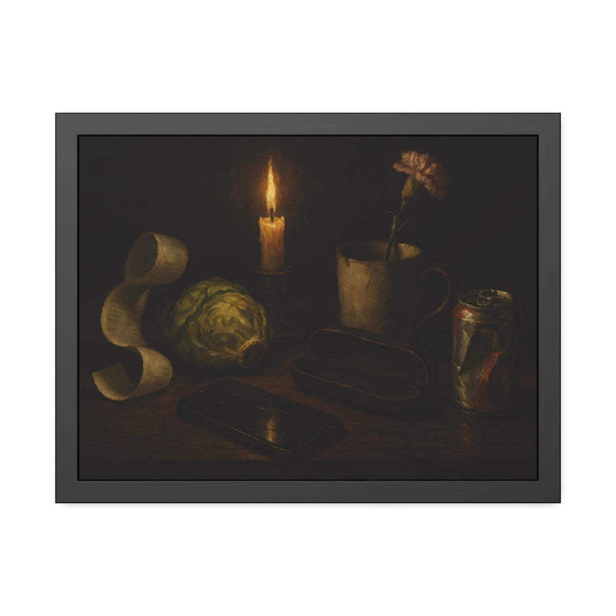 A candle, lettuce head, curled receipt and can on a dim table. Vanitas with Receipts and Wilted Lettuce by Garabaggio, framed fine art print hanging in a room.