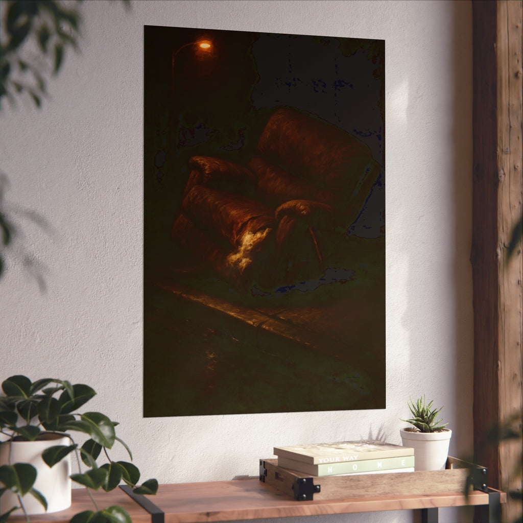 A torn brown recliner tipped on a curb in dim warm light. The Deposition of the Broken Recliner by Garabaggio, fine art print hanging in a room.