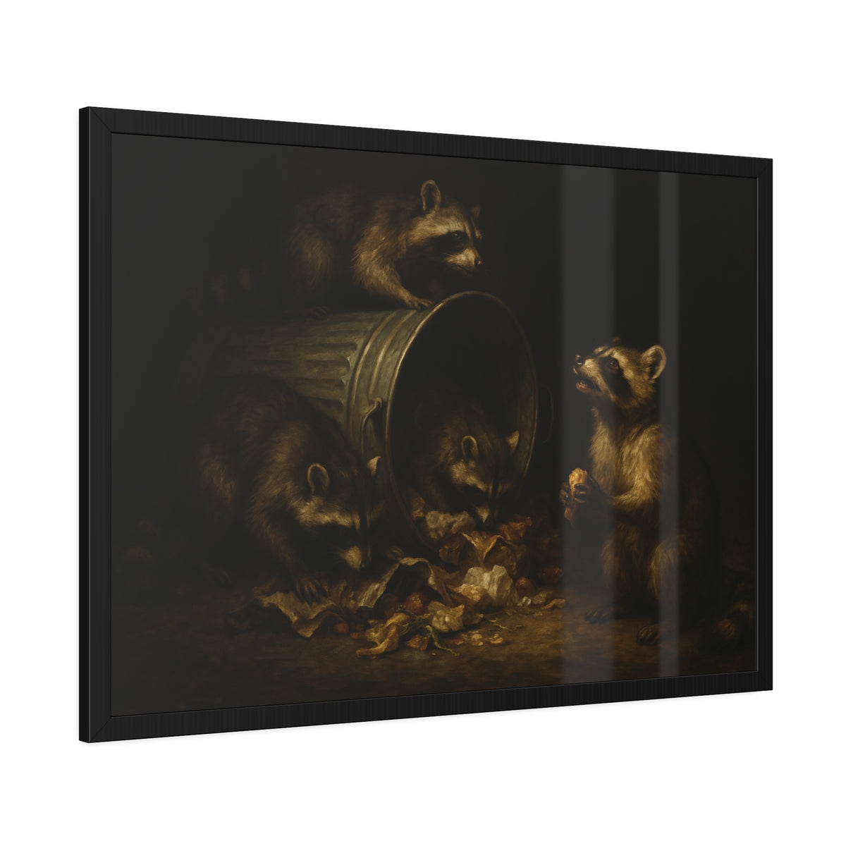 Four raccoons around a toppled metal trash can in the dark. The Last Bite by Garabaggio, framed fine art print hanging in a room.