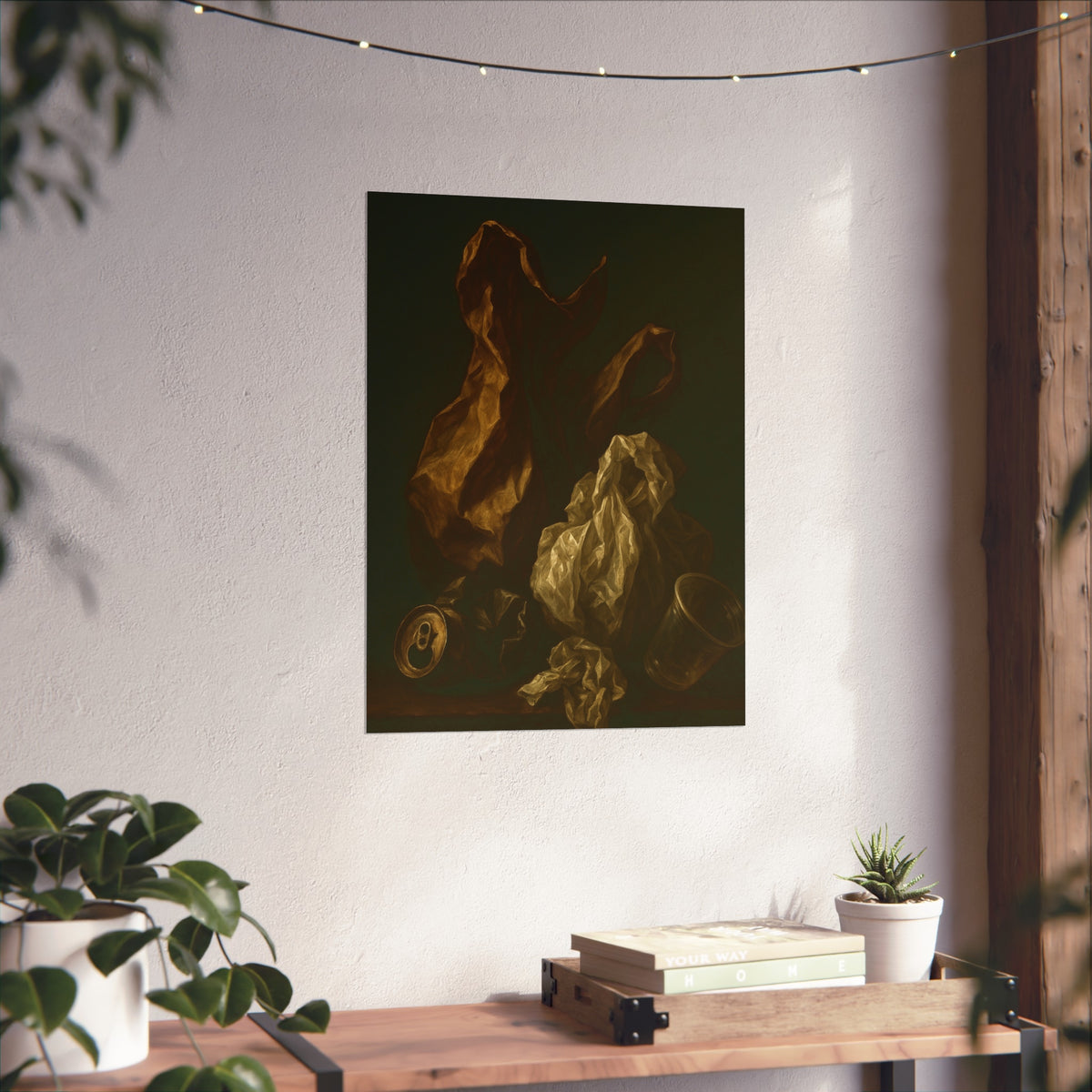 A plastic bag and crumpled paper beside a crushed can and clear cup. The Two Penitents by Garabaggio, fine art print hanging in a room.
